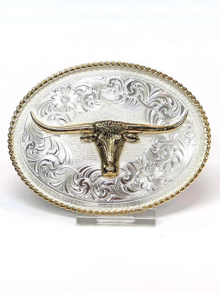 Montana Silversmiths 1350-767H Longhorn Engraved Buckle With Gold Rope Trim Silver 1 Montana Silversmiths 1350-767H Longhorn Engraved Buckle With Gold Rope Trim Silver