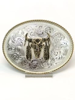 Montana Silversmiths 1350-447 Buffalo Skull With Feather Belt Buckle Silver
