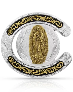Montana Silversmiths Men's Two Tone Horseshoe Our Lady Of Guadalupe Buckle