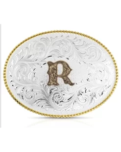 Montana Silversmiths Classic Western Oval Two-Tone Initial Belt Buckle - R