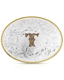 Montana Silversmiths Classic Western Oval Two-Tone Initial Belt Buckle - T