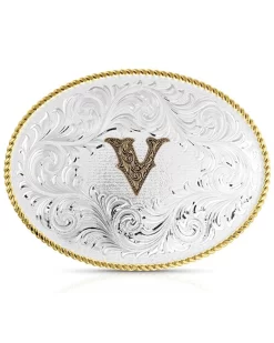Montana Silversmiths Classic Western Oval Two-Tone Initial Belt Buckle - V