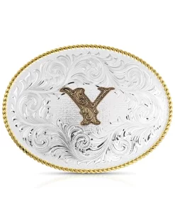 Montana Silversmiths Classic Western Oval Two-Tone Initial Belt Buckle - Y