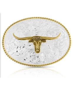 Montana Silversmiths Two-Tone Engraved Western Longhorn Belt Buckle